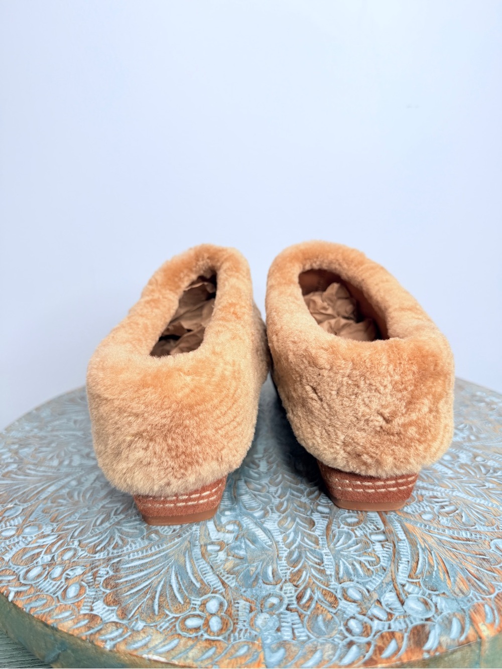 NWT! Antelope terracotta brown suede wedge mules with faux fur Size 38 - Picture 13 of 13